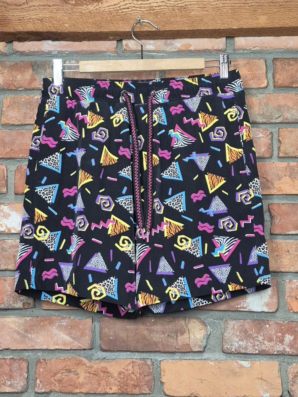 Surf Society Retro Memphis Geometric Neon Print Mesh Lined Swim Trunks Shorts